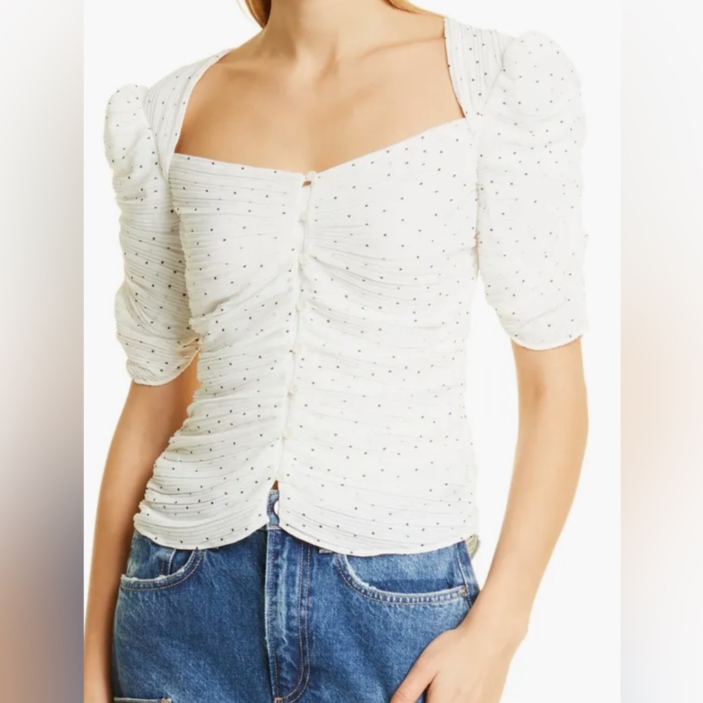 FRAME Ruched Puff Sleeve Sweetheart Neck Button Front Polka Dot Blouse Cream SP